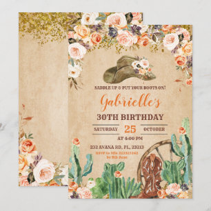 Floral Western Cowgirl Invitation d'anniversaire