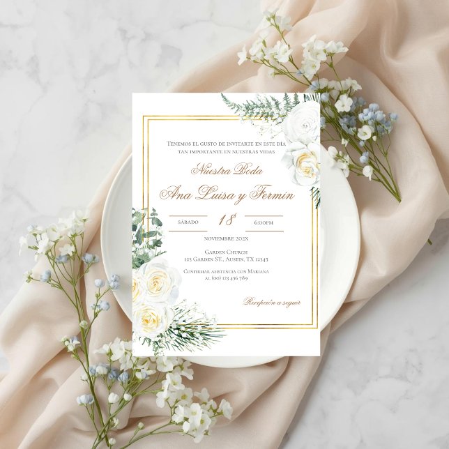 Floral White Spanish Wedding Invitation (Créateur téléchargé)