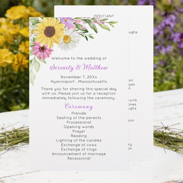 Floral Wildflower Sunflower Daisy Wedding Program (Créateur téléchargé)