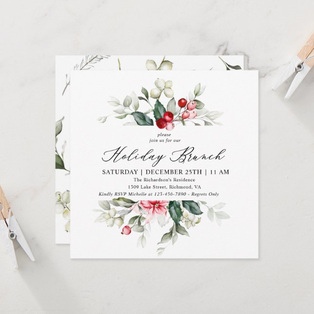 Floral Winter Berries Holiday Brunch Invitation (Devant/Arrière en situation)