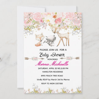 floral woodland animal baby shower invitation