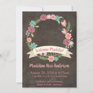 Floral Wreath Baby Girl Photo Faire-part de naissa