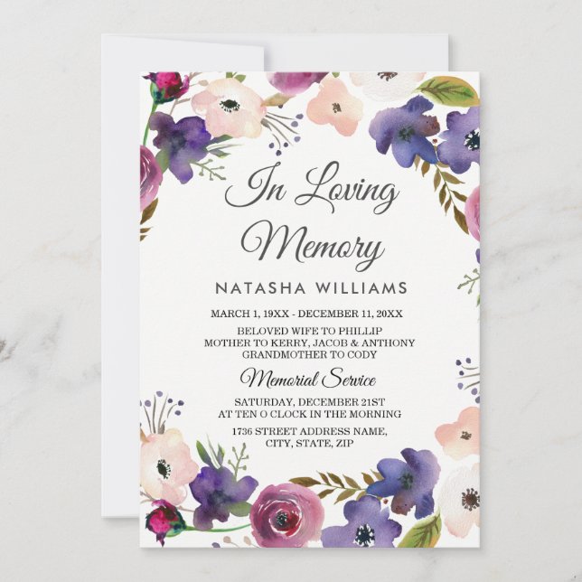 Floral Wreath Memorial Faire-part Service (Devant)