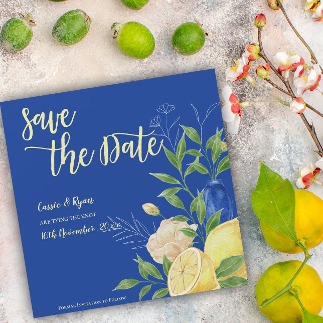 Florales bleues romantiques et citron Sauvez la da (Romantic Blue Florals & Lemon Save the Date Invitation)
