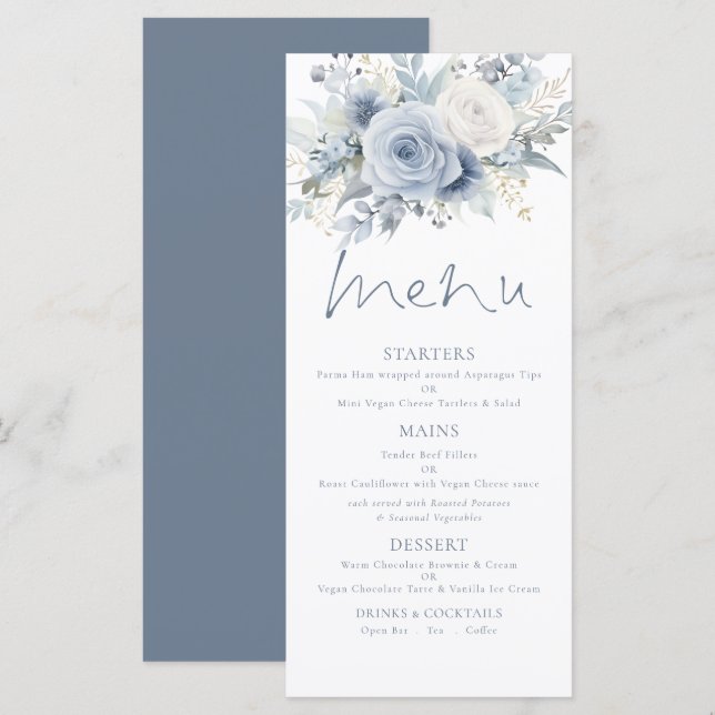 Florales modernes Dusty Blue Text Mariage Menu (Devant / Derrière)