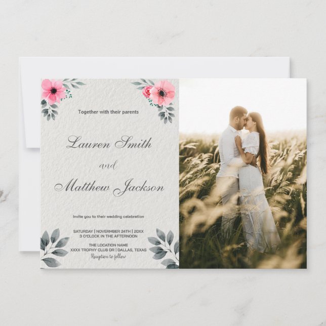Florales roses Invitations de mariage avec photo (Devant)