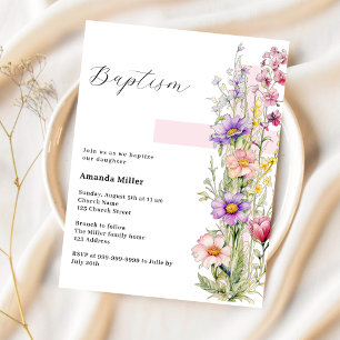 Florals croix rose fille Baptême invitation
