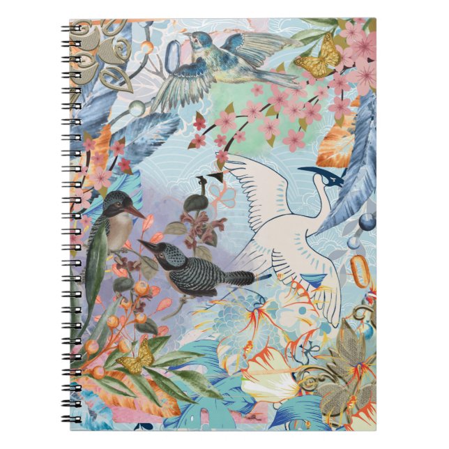 Florals Oiseaux Bleus Tons Carnet photo spirale (Devant)