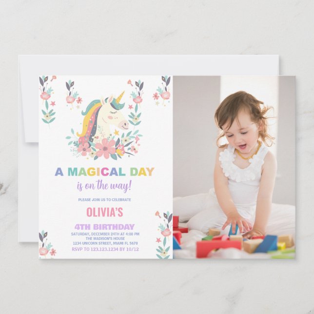 Florals Unicorn Anniversaire Invitations avec phot (Devant)
