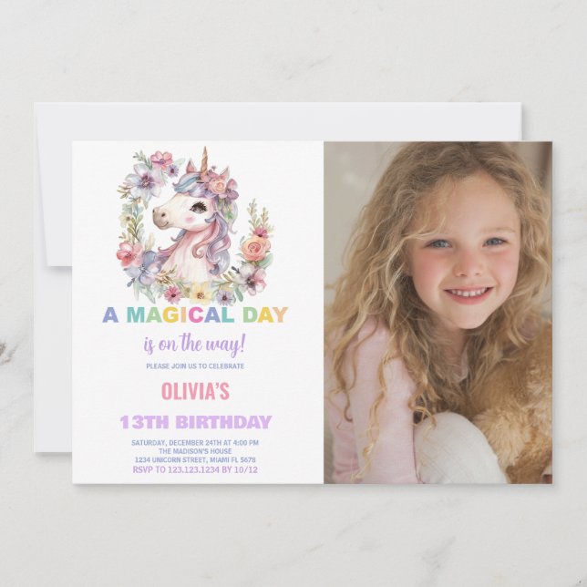 Florals Unicorn Anniversaire Invitations avec phot (Devant)