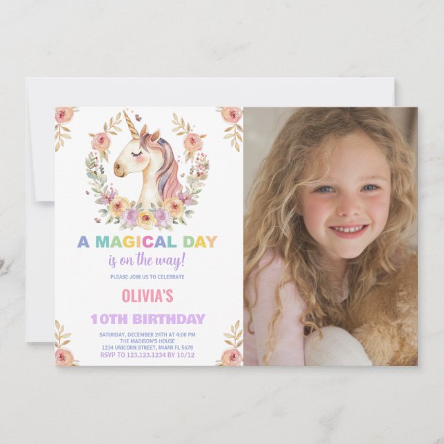 Florals Unicorn Anniversaire Invitations avec phot (Devant)