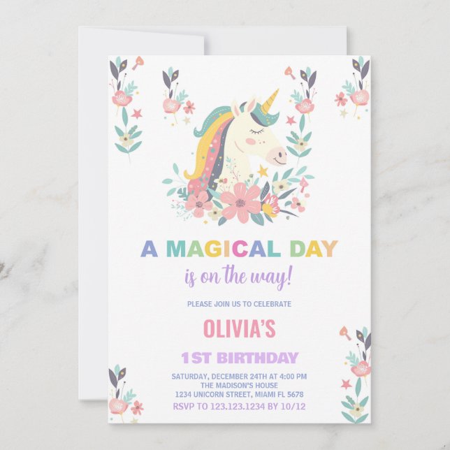 Florals Unicorn Invitations d'anniversaire (Devant)