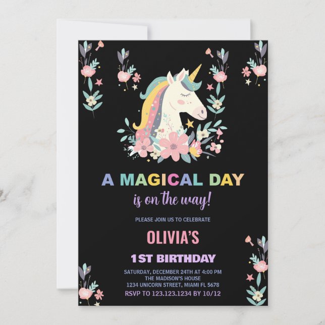 Florals Unicorn Invitations d'anniversaire (Devant)