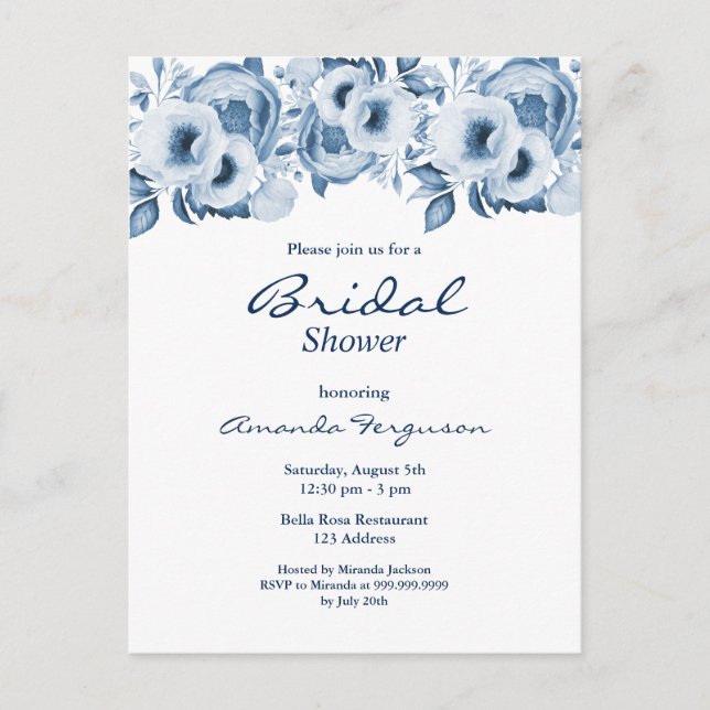 Floraux bleu-duvet blanc nuptiale invitation à la  (Devant)
