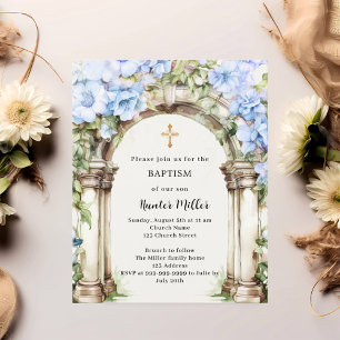 Floraux bleus arch beige garçon Baptême invitation