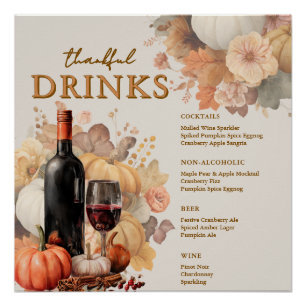 Floraux bouclés Thanksgiving Carré Bar Menu Poster