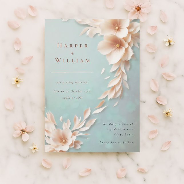 floraux d'ivoire coulant faire-part de mariage (Romantic spring wedding invitation with blush florals on pastel—perfect for elegant couples.)