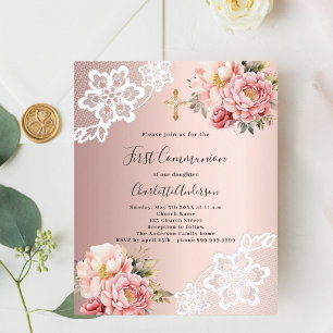 Floraux rose or rose Première communion invitation