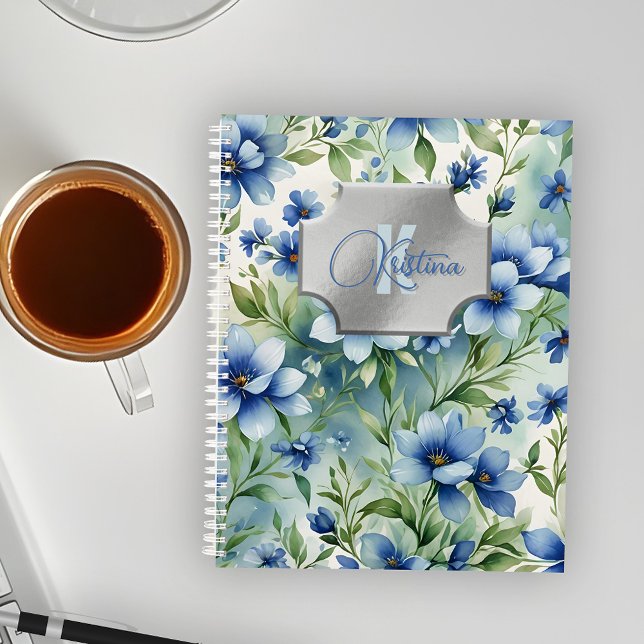 Flore Bleue élégant avec cadre Monogramme Argent (Créateur téléchargé)