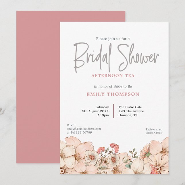 Flore Blush Fête des mariées Script Thé Invitation (Devant / Derrière)