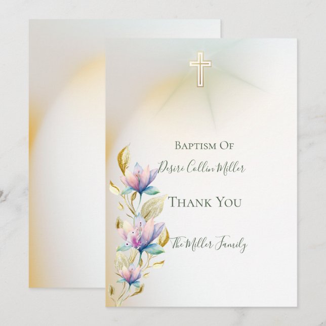 Flore Blush & Lilac, Invitation Baptême Croix Or (Devant / Derrière)