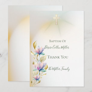 Flore Blush & Lilac, Invitation Baptême Croix Or