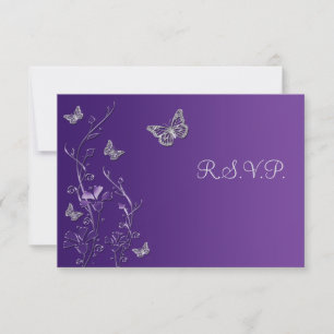 Flore d'argent violet avec Papillons carte RSVP