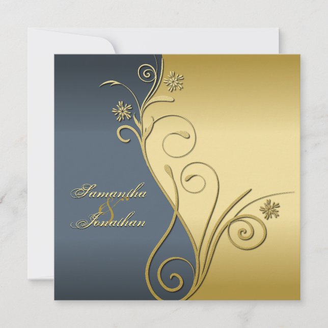 Flore d'or bleu Faire-part de mariage (Devant)