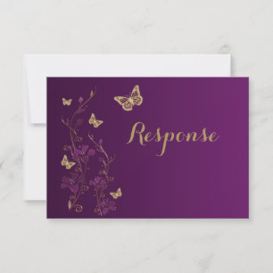 Flore d'or violet avec papillons Carte RSVP 2