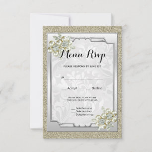 Flore Gem encadré, or & argent Menu Mariage RSVP