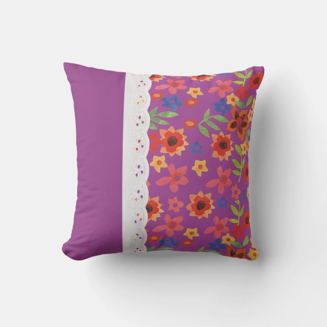Flore rétro sur Magenta, Coussin de dentelle Faux (Recto)