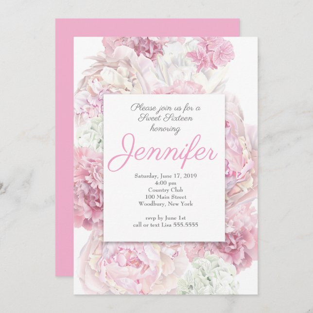 Flore rose pâle 16 Invitation (Devant / Derrière)