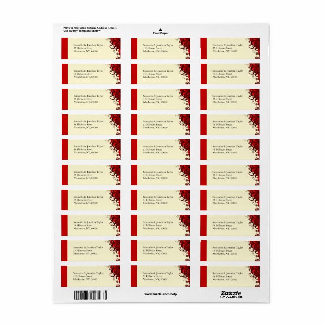 Flore rouge sur blanc Retour Adresse Étiquettes Fa (Feuille entière)