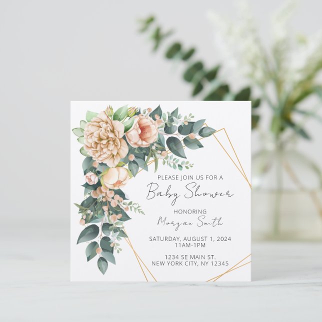 Flore verdure Invitation Baby shower géométrique (Debout devant)
