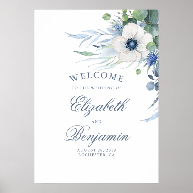 Flore vert Dusty Blue Mariage Affiche de bienvenue (Devant)