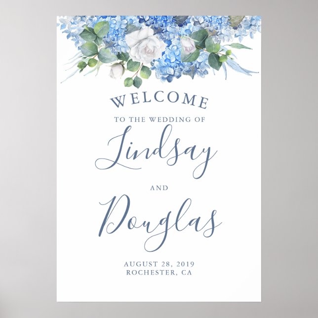 Flore vert Dusty Blue Mariage Affiche de bienvenue (Devant)
