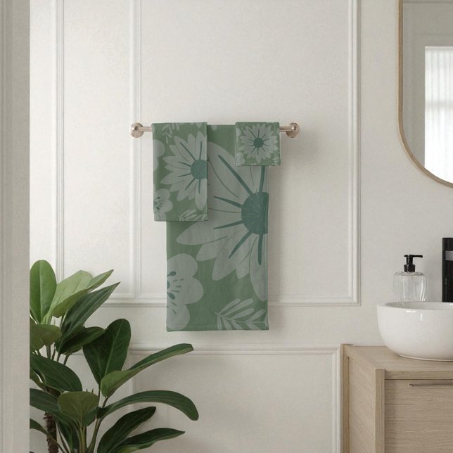 Flore verte Vintage rétro (Retro Vintage Green Floral Bath Towel Set)