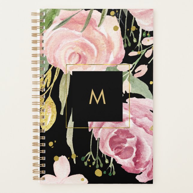 Flores aquarelles | Floral rose et or sur noir (Devant)