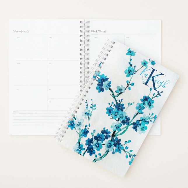 Flores d'aquarelles bleues | Monogramme (Devant avec enveloppe)