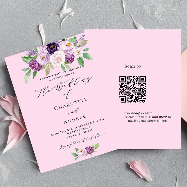 Flores rose violet QR budget faire-part de mariage (Créateur téléchargé)
