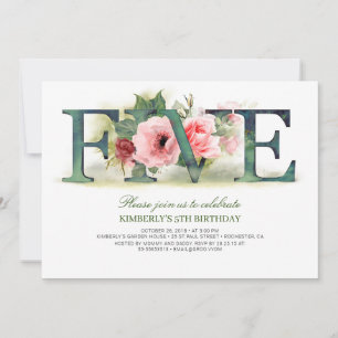 Flores roses CINQ   Invitation de fête du 5e anniv