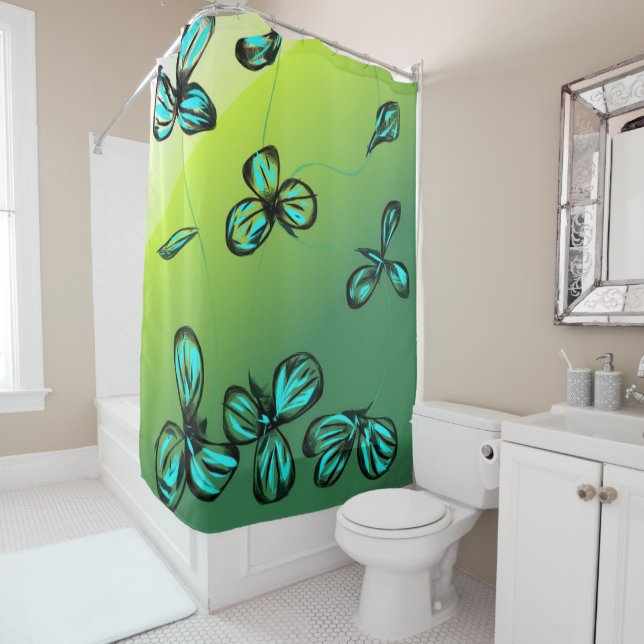 Florets bleus sur rideau de douche verte (En situation)
