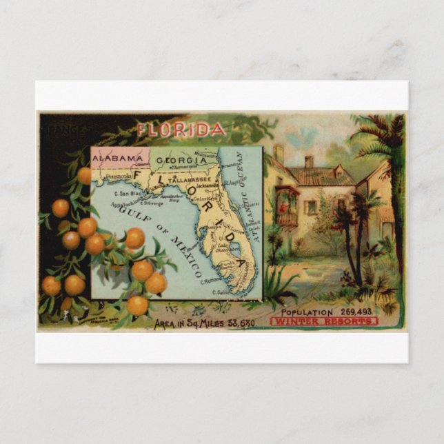 Floride, carte vintage 1889 (Devant)