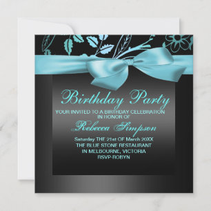 Flower Blue & Black Party Invitation d'anniversair