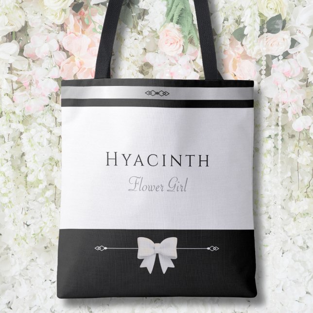 Flower Girl Gift | Minimalist Luxury Tote Bag (Sweet personalized Flower Girl gift tote bag with luxury typography against a white floral wall)