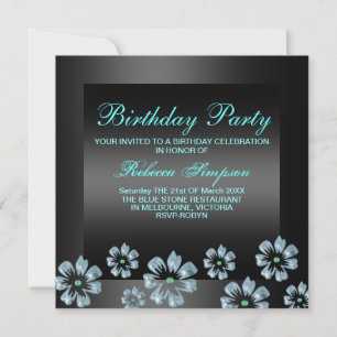 Flower Party Black/Blue Invitation d'anniversaire