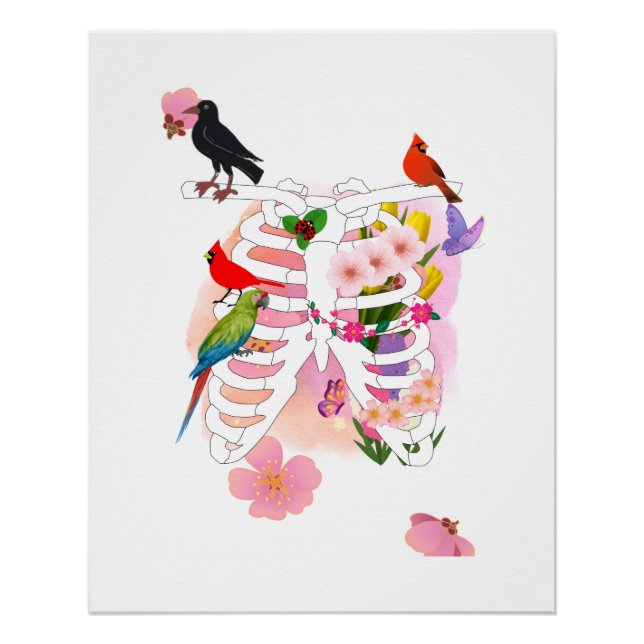 Flower Ribcage and Birds Surreal Nature Poster (Devant)