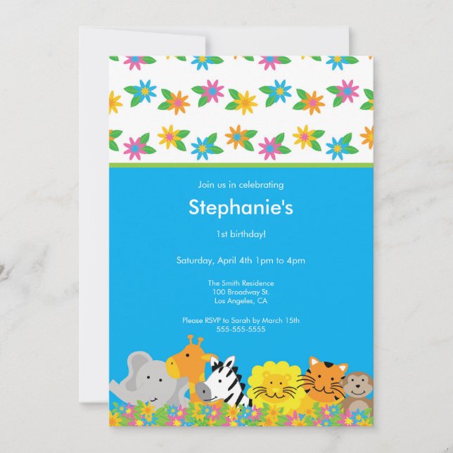 Flowered Jungle Animals  Birthday Party Invitation (Devant)
