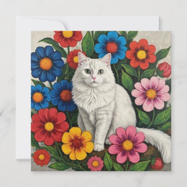 Fluffy Chat blanc et Fleurs d'Art folklorique (Devant)