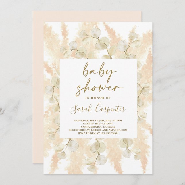 Fluffy Pampas lunaria Invitation Baby shower fille (Devant / Derrière)